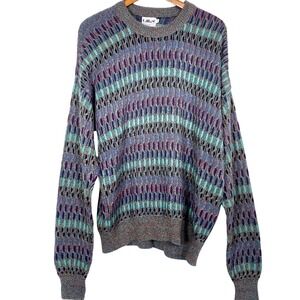 Vtg Lavané Sweater Mens XL Mercerized 3D Geometric Knit 90s Coogi Retro Crewneck